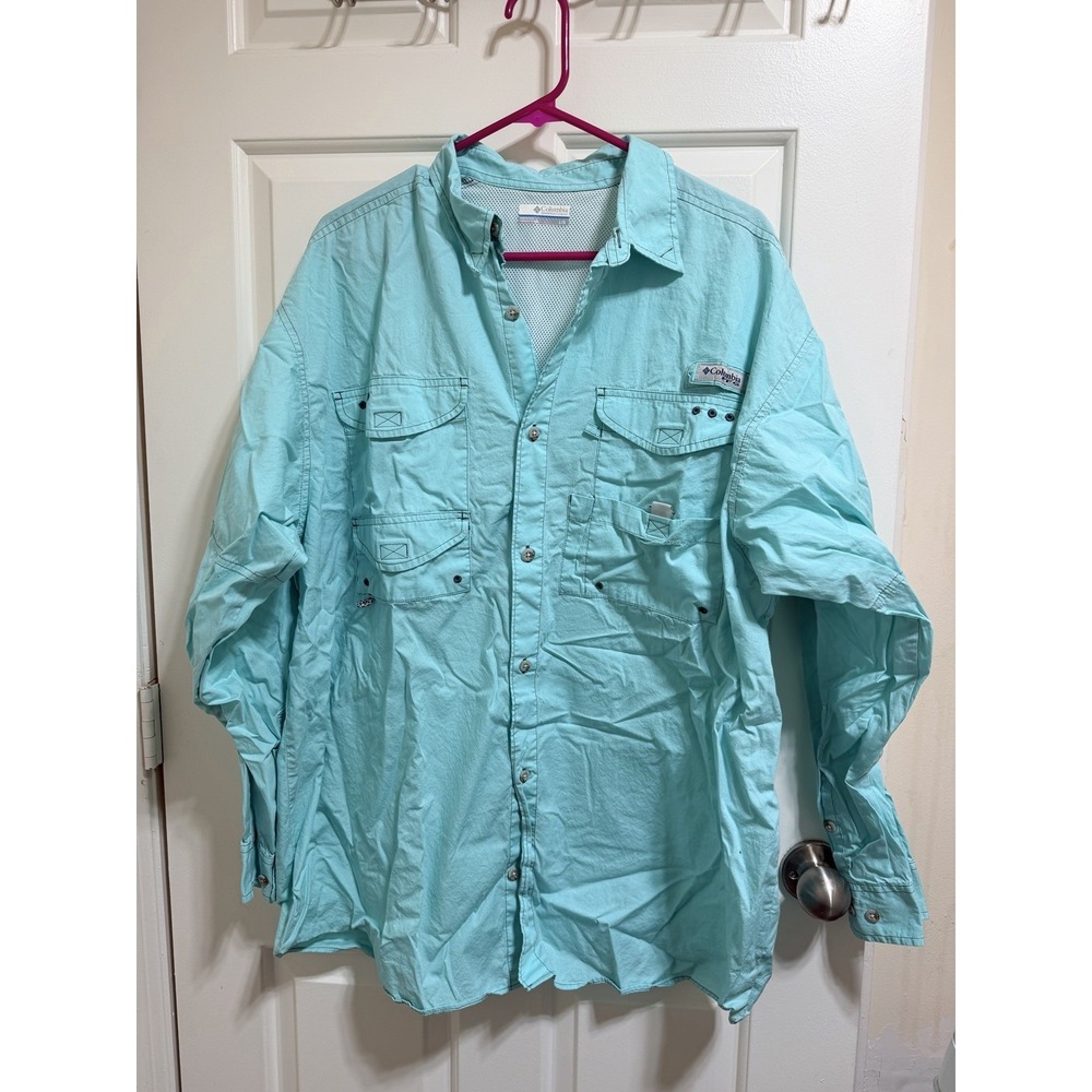 Columbia Sportswear Bahama II PFG Fishing Shirt Teal Nylon Size Large Mens LS